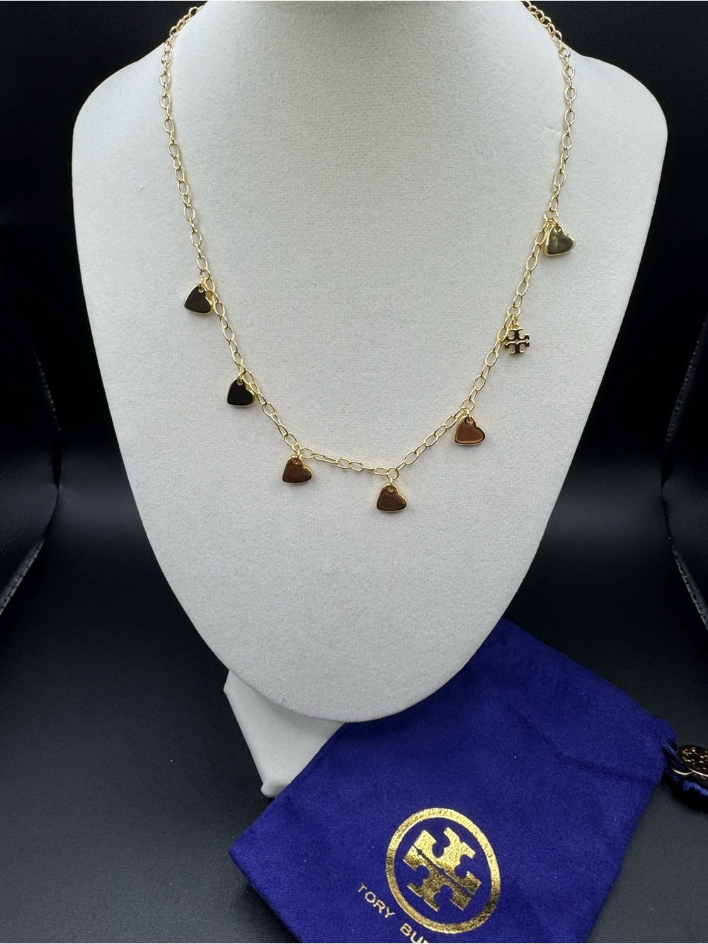 Tory Burch Gold Heart Charm Necklace with Logo Pendant